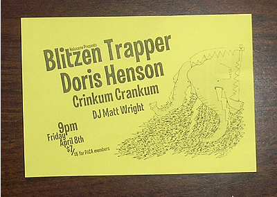 Flyer for Blitzen Trapper, Doris Henson, and Crinkum Crankum show at Holocene in Portland, Oregon on April 8th, 2005